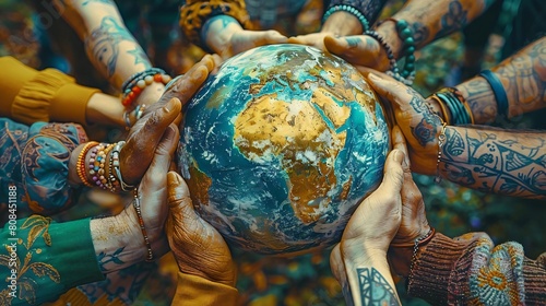 A diverse group of people joining hands in a circle around a globe, symbolizing global unity and cooperation in both environmental and LGBTQIA movements