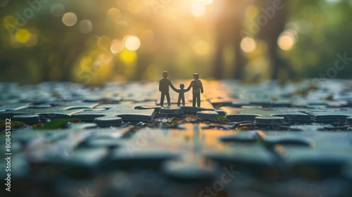 Miniature business people team holding hands and standing on a jigsaw puzzle with a piece missing, business concept for a mock up.