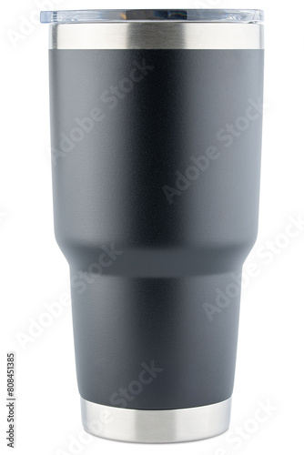 Tumbler. Tumbler thermos mug for iced coffee, tea. Stainless steel travel cup for drinking. Reusable water bottle. Simple modern classic Insulated black tumbler with flip lid. Isolated background