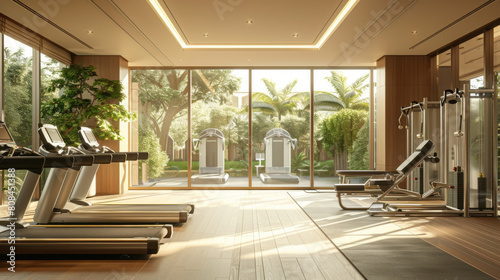 Modern luxury gym with state-of-the-art equipment  large windows  and a beautiful view of lush tropical gardens.