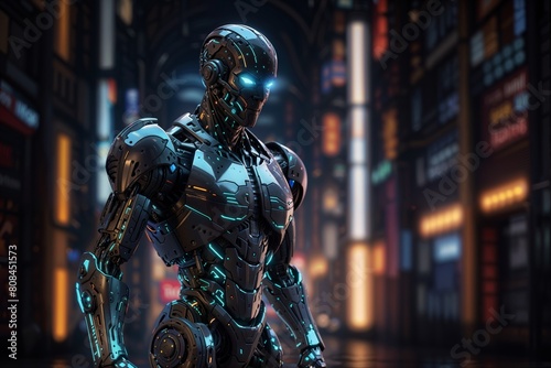 Cyborg male cyborg in a futuristic city. copy space