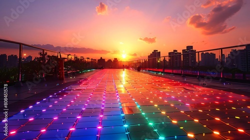 A rainbowcolored solar panel array on a rooftop, promoting renewable energy solutions and LGBTQIA visibility in sustainable technology