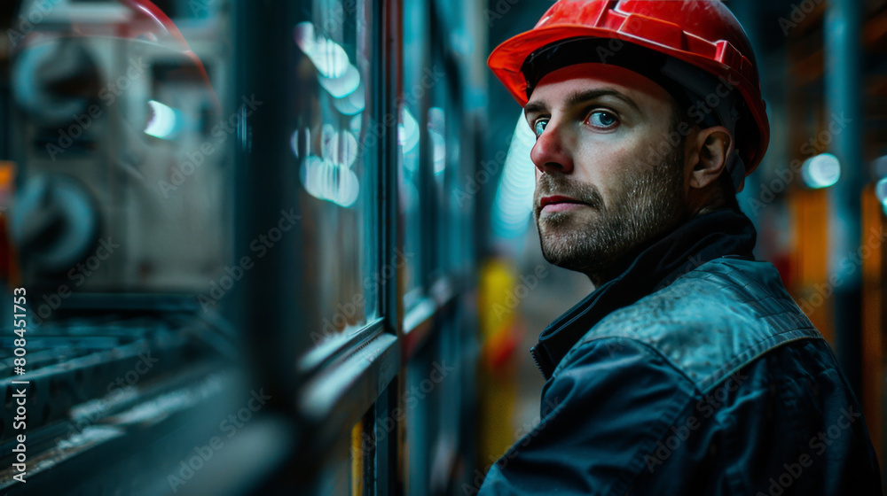 Serious male industrial worker in protective gear observing and overseeing machinery in a factory hall. Serious male industrial worker in protective gear observing and overseeing machinery in a factory hall.