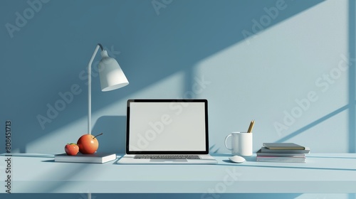Minimalist plain blue background for product photography with just one object as the highlight, white desk and table lamp.
