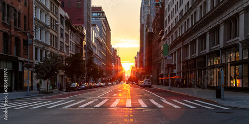 Empty streets and sidewalks at 5th Avenue and 23rd St in New York City with sunset shining between the background buildings of the Manhattan cityscape