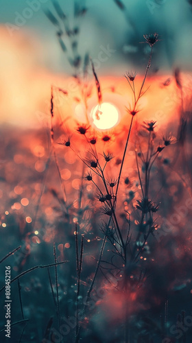 Abstract composition in front of sunrise over grass. The sun on a field of flowers background photo