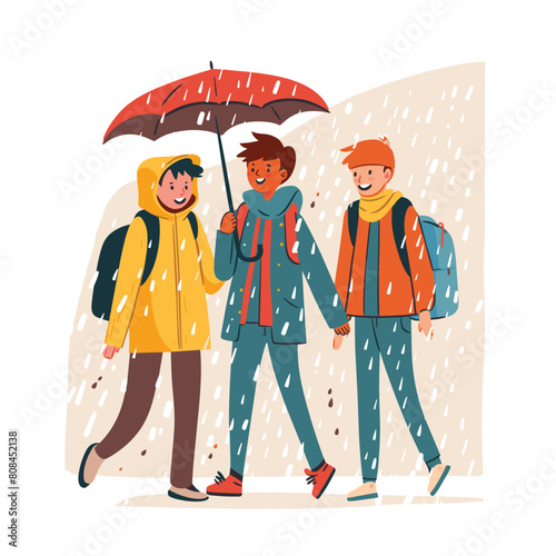 Three friends walking under rain sharing umbrella. Characters smiling, happy despite bad weather, showcasing friendship, comfort. Warmly dressed, rainy autumn day, cheerful mood, raindrops