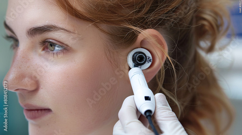 Close-up of woman getting ear examination with otoscope photo