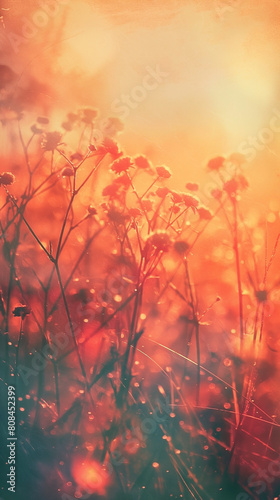 Abstract composition in front of sunrise over grass. The sun on a field of flowers background