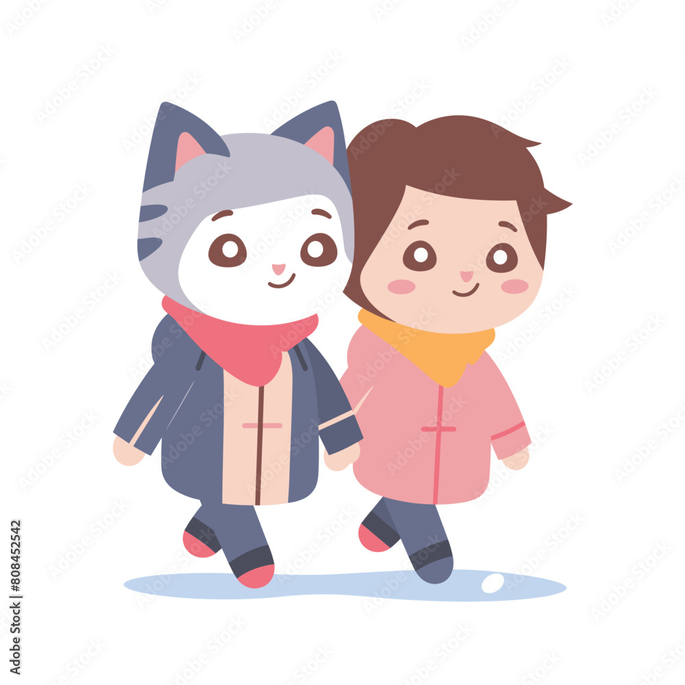 Young boy cute cat costume walking together friendship concept. Children wearing winter clothes enjoying walk happy faces cartoon style. Boy anthropomorphic cat character stroll handinhand pastel Young boy cute cat costume walking together friendship concept. Children wearing winter clothes enjoying walk happy faces cartoon style. Boy anthropomorphic cat character stroll handinhand pastel