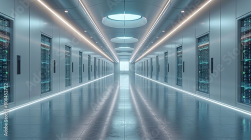 Modern data center with white and blue server racks in rows in the interior  high tech internet cloud technology concept.