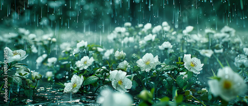 Spring Rain on Blooming Flowers, Fresh Water Drops on Bright Floral Petals