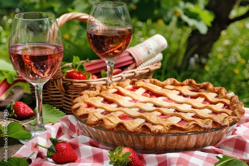 A picturesque summer picnic setting featuring a freshly baked strawberry pie and glasses of ros   wine  laid out on a red and white checkered tablecloth.