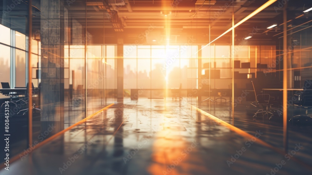 The open space of the office is empty and dim. Abstract light effect on interior background The open space of the office is empty and dim. Abstract light effect on interior background
