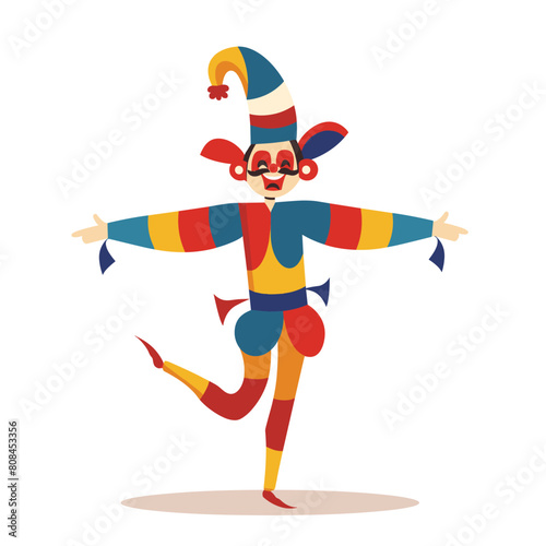 Colorful jester dancing joyfully. Jester costume stripes bells funny hat flexing legs. Cartoon medieval festivity masquerade humorous performer