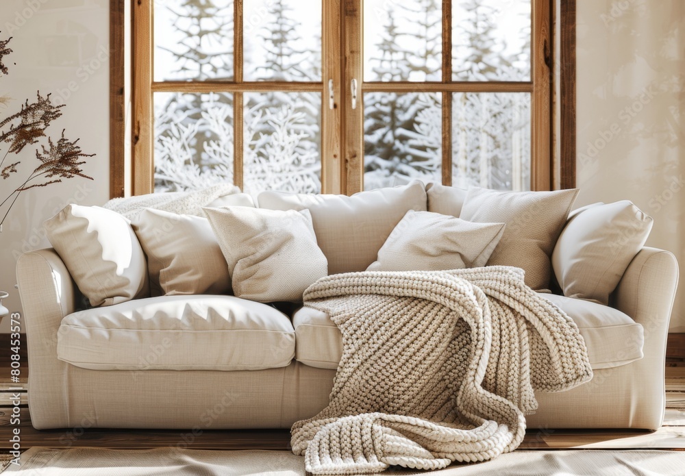 Beige sofa with white pillows and blanket made of knitted woolen yarn in the style Beige sofa with white pillows and blanket made of knitted woolen yarn in the style