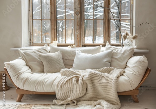 Beige sofa with white pillows and blanket made of knitted woolen yarn in the style