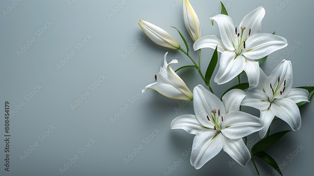 Fototapeta premium Elegant white lily flowers on a light grey background with copy space for text