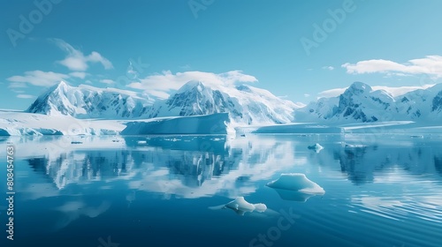 Antarctica with icebergs and snowcovered mountains, reflections in the water, light blue color theme. © horizon