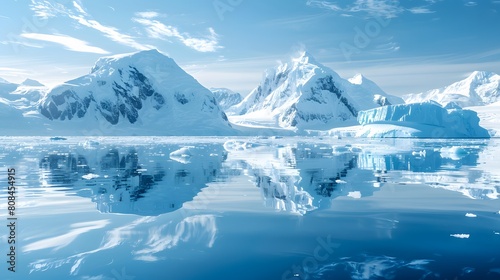 Antarctica with icebergs and snowcovered mountains, reflections in the water, light blue color theme.