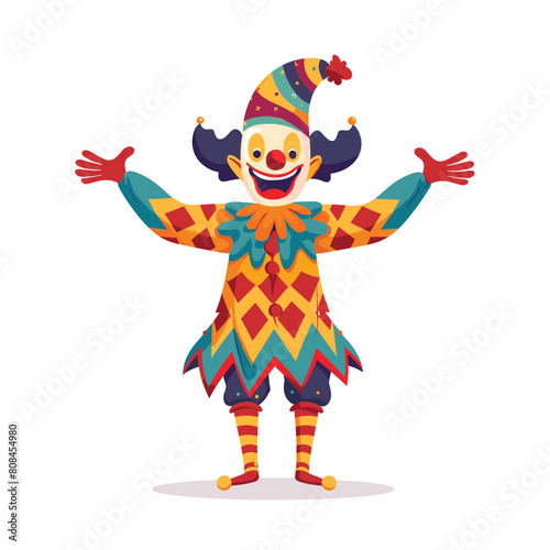Happy clown cartoon character performing circus festival. Colorful jester entertaining audience, dressed jesters costume hat, smiling widely. Playful entertainer gestures welcomingly