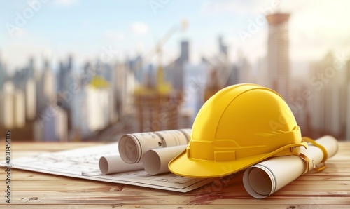 Yellow helmet and blueprints on wooden table with city construction background, industrial building concept