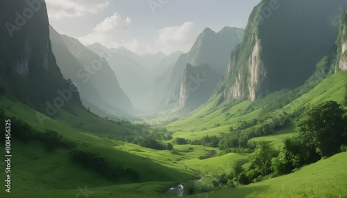 A lush green valley surrounded by towering mountai upscaled 4 photo