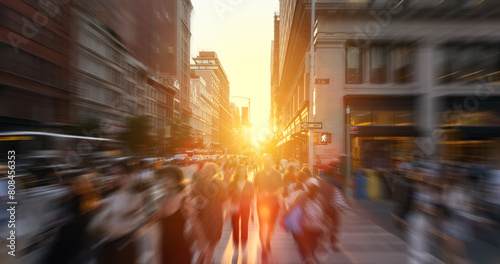 Obraz na płótnie Crowds of people walking across the busy intersection at 23rd Street and 5th Avenue in New York City with the light of sunset background and motion blur w salonie