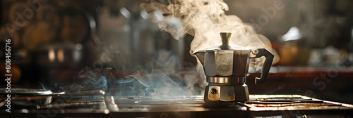 Coffee beans in Moka pot and smoke. Brewing black coffee using Moka coffee maker. photo