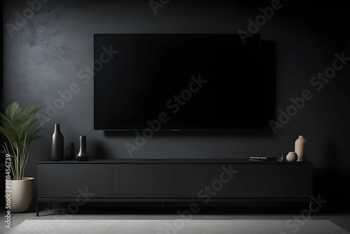 Led TV on TV stand with black wall photo