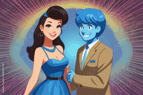 man and woman smiling and working blue tones only in the background cartoon illustration