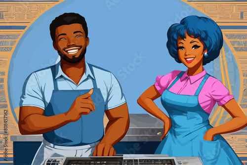 man and woman smiling and working blue tones only in the background cartoon illustration