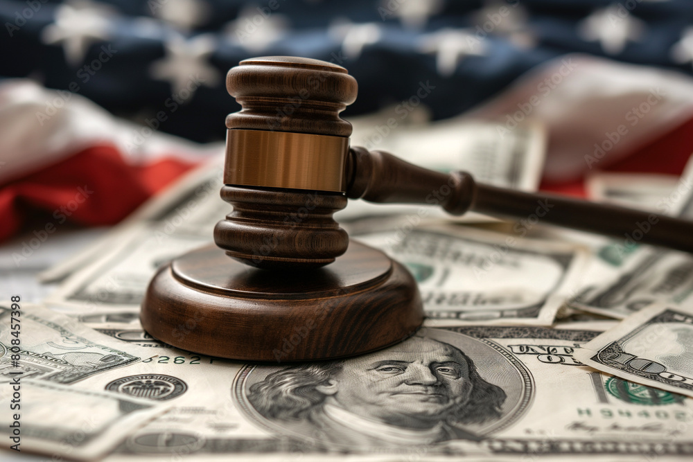 “Justice and Wealth” A judge’s gavel rests on a spread of US dollar bills, symbolizing the intersection of justice and wealth, against the backdrop of an American flag. “Justice and Wealth” A judge’s gavel rests on a spread of US dollar bills, symbolizing the intersection of justice and wealth, against the backdrop of an American flag.