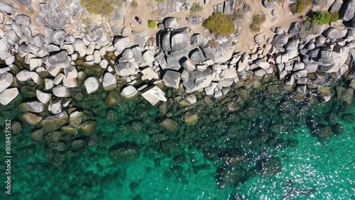 Blue Water Lake Tahoe Pristine Turquoise Lake Summer Boulders Clear Water Drone 4k_II