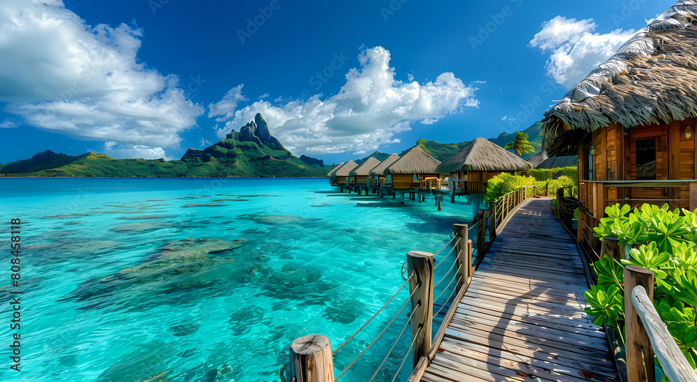 blue waters and thatched roof huts on an overwater walkway leading to the ocean
