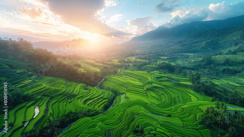 Scenic view of a beautiful sunrise casting light over lush green terraced rice fields in mountainous region.