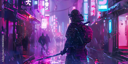 a cyberpunk samurai in the streets at night time photo