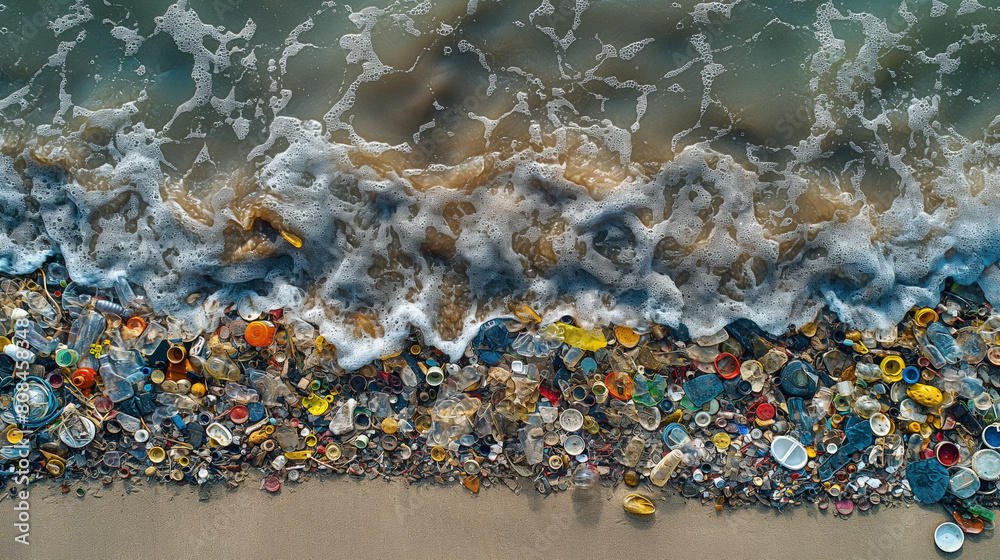 A beach covered in trash and debris