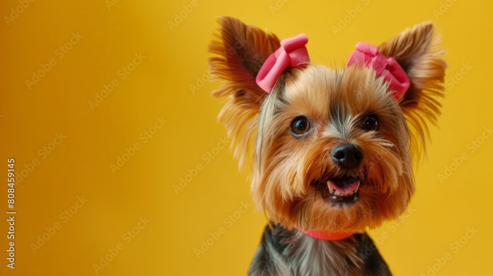 A small dog with a red collar is smiling at the camera