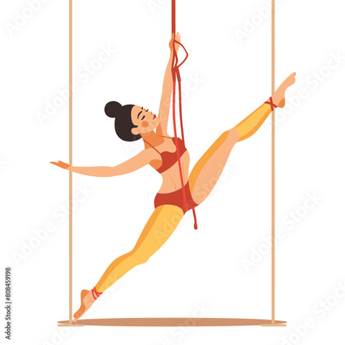 Female acrobat performing aerial silks, demonstrating flexibility strength. Artistic performer red yellow costume engaged elegant pose fabric. Gymnast showcasing acrobatic skills gravitydefying