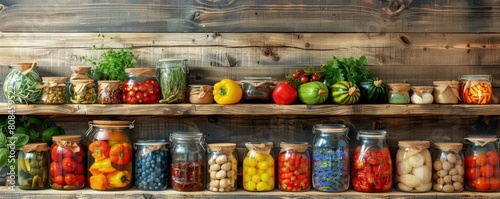 A variety of colorful and healthy canned food on wooden shelves. The image is well-lit and has a rustic feel. photo