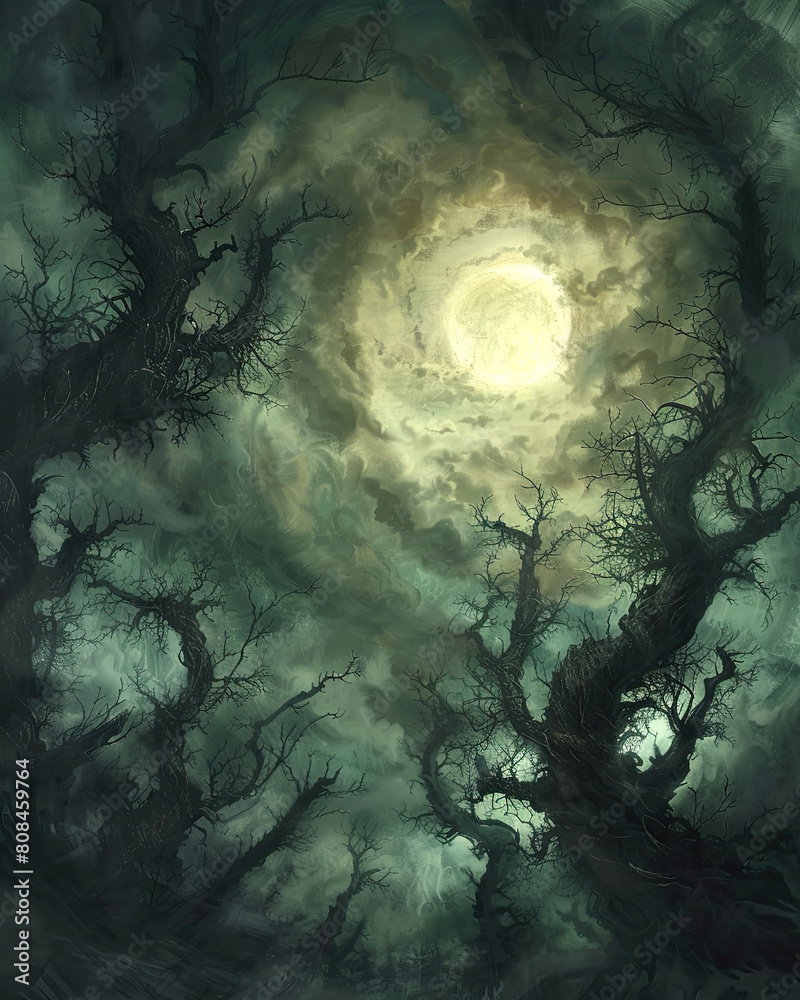 Gothic-style painting of a dim sun shrouded by dark, swirling clouds, casting an eerie glow on a sinister, ancient forest.