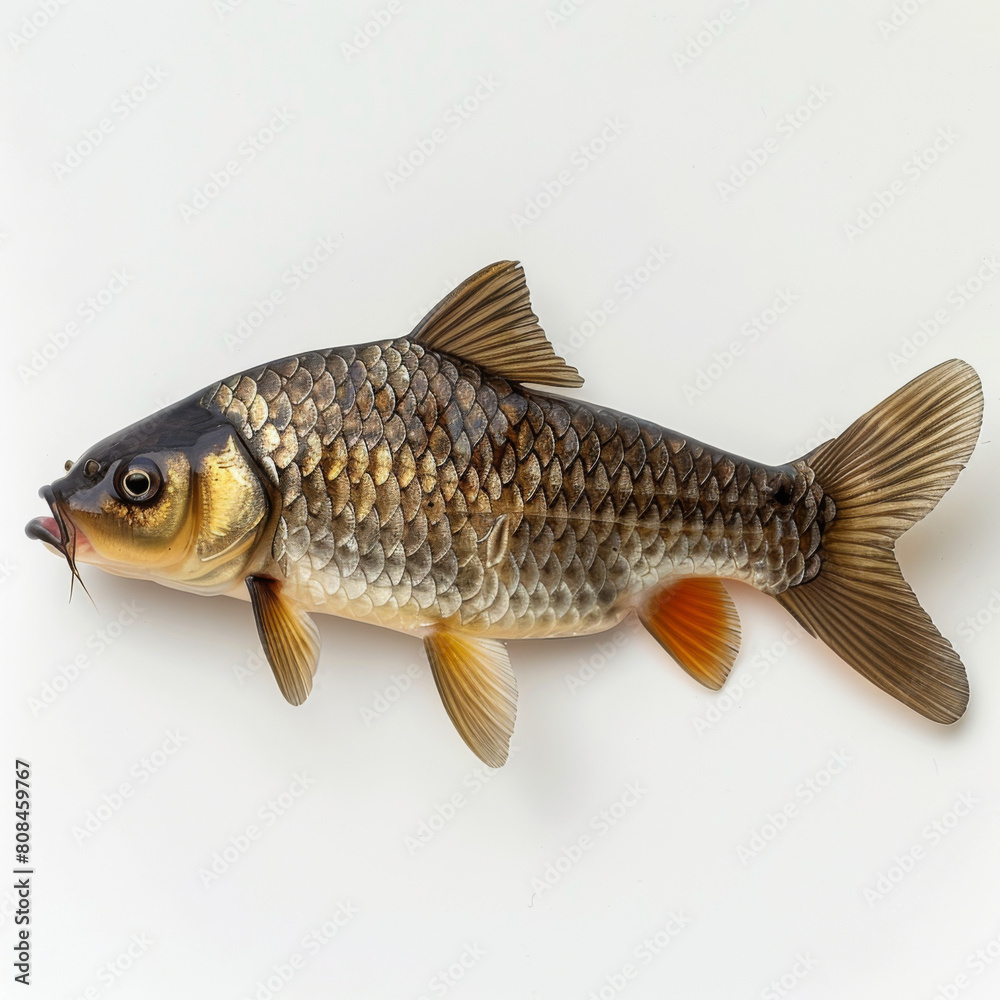 Close-up of a realistic carp fish isolated on a clean white background, showcasing detailed scales and fins.