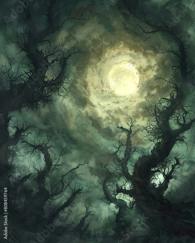 Obraz na płótnie Gothic-style painting of a dim sun shrouded by dark, swirling clouds, casting an eerie glow on a sinister, ancient forest. w salonie