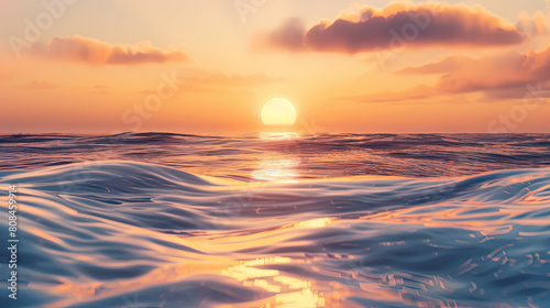 Stunning ocean sunrise with the sun half-visible on the horizon  casting vibrant orange hues and shimmering reflections on undulating waves.