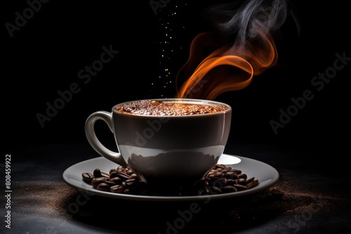 Fresh made coffee served in cup on dark background