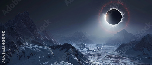 Dramatic solar eclipse over a snow-covered mountain range, with a radiant halo around the moon casting shadows on the rugged terrain.