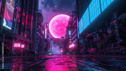Vibrant digital artwork of a massive neon orb illuminating a cyberpunk cityscape under a starry sky  highlighted by neon pink and blue lights and sleek futuristic architecture.