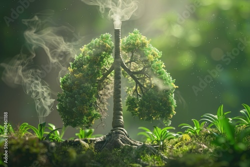Innovative digital artwork showcasing lungs as a tree filled with green leaves, emphasizing the vital role of plants in oxygen production,