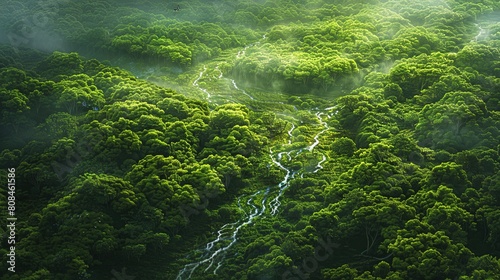 From an aerial view, a lush green forest with a river and hills stretches below. Aesthetic landscape. Generative AI